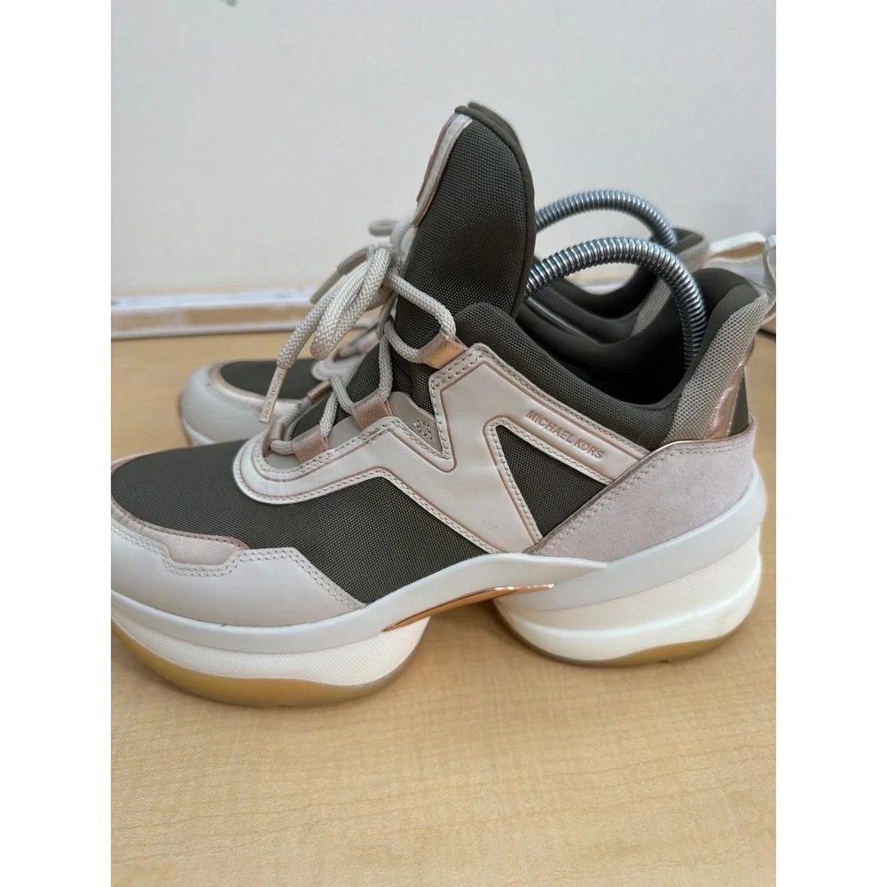 Michael Kors Cosmo Trainer Olive Green Cream Rose Gold Platform Sneakers 11M